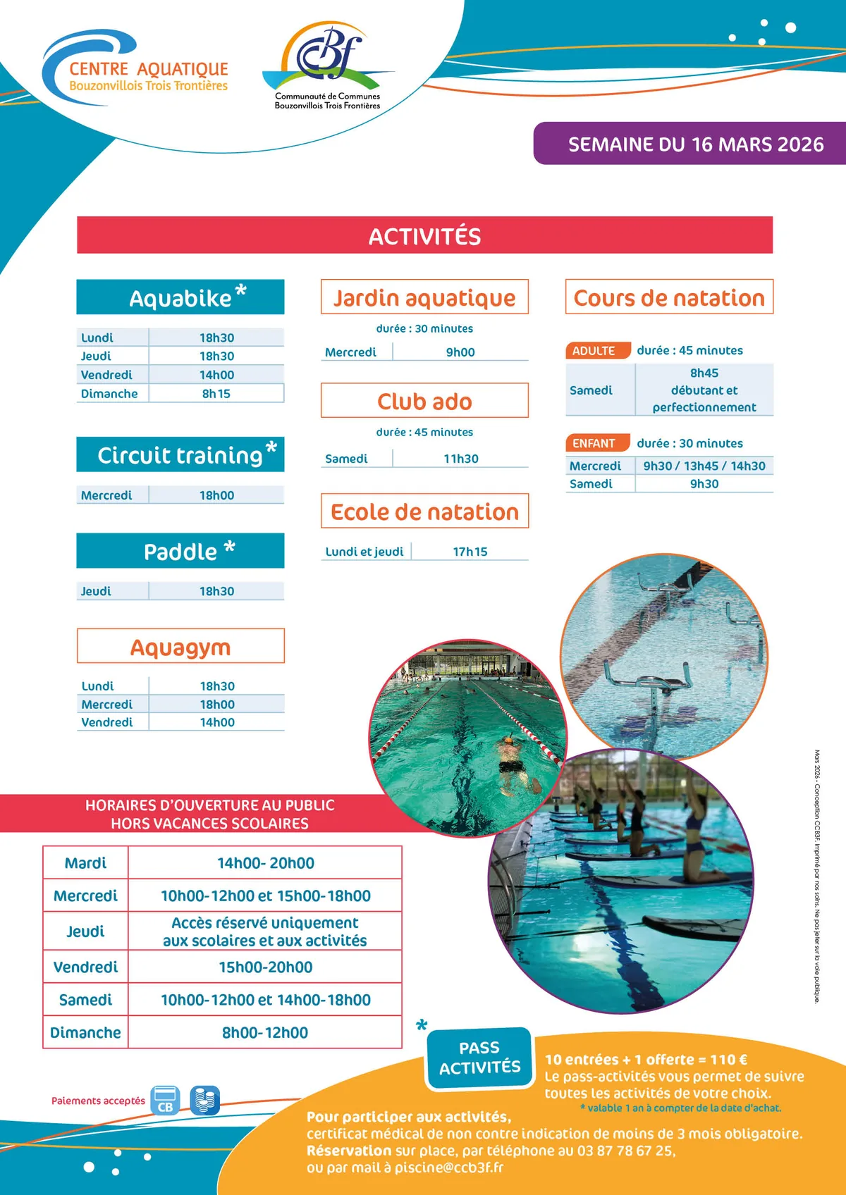 affiche horaires activités semaine du 16 mars